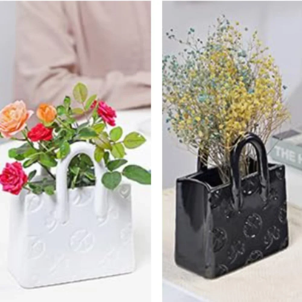 Handbag Ceramic Vase - Purse Shaped Vase w/ Clover Embossed Design